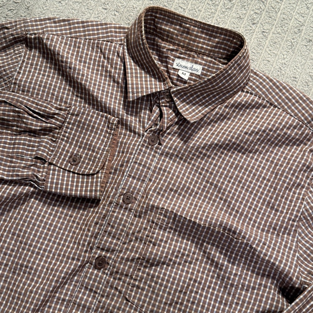 Steven Alan Shirt Men M Brown Cotton Check Long Sleeve Preppy Casual Made in USA